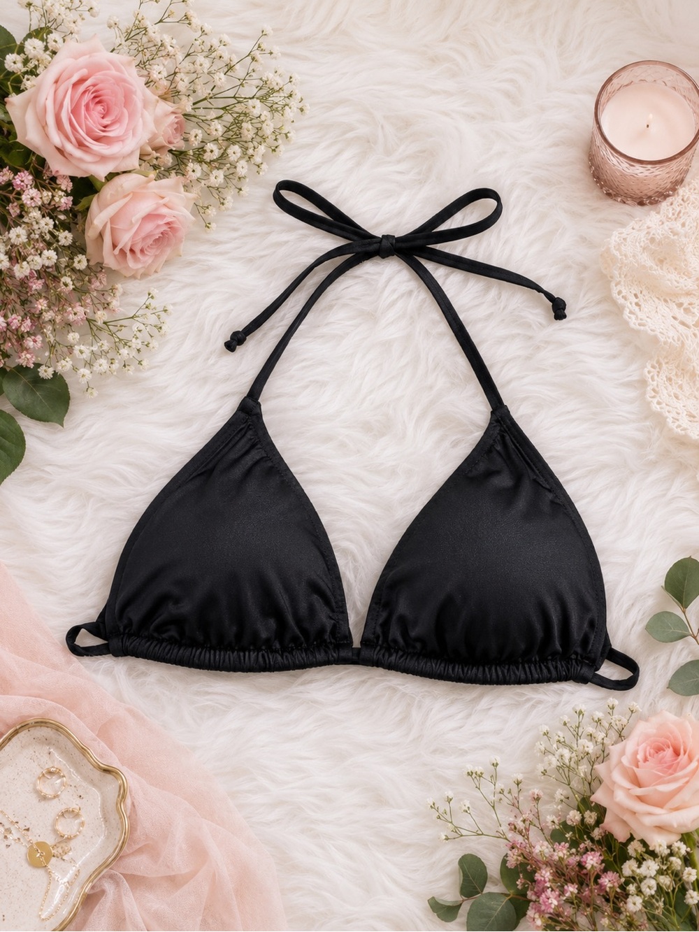NWT Aqua Swim Lightly Padded Adjustable Tie Triangle Bikini Top Black Size M